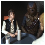 An overbearing, half-witted, scruffy-looking, Nerf Hearder of a pirate sits down in the booth next to Chewbacca. He introduces himself to Ben and Luke. HAN: "Han Solo. I'm captain of the Millennium Falcon." #starwars #anhwt #toyshelf